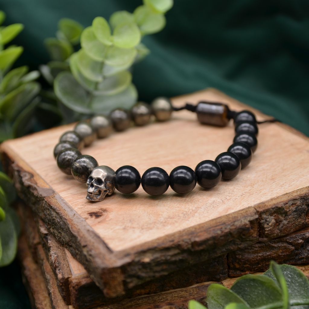 Pyrite Skull & Hematite outlets Unisex Bead Bracelet with Sterling / Natural Dark Grey Matte Gemstone Fools Gold Halloween / Bohemian Pirate Inspir