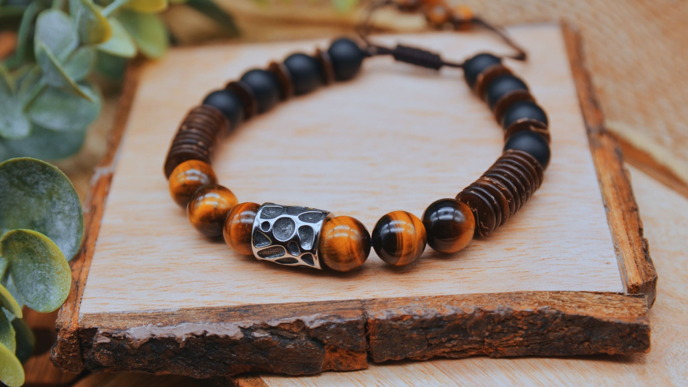 Father’s Day Gift Ideas - Tiger's Eye Gemstone jewelry bracelet with tiger's eye, black onyx, and coconut wood with stainless steel animal print bead | Emerald Sun Creations