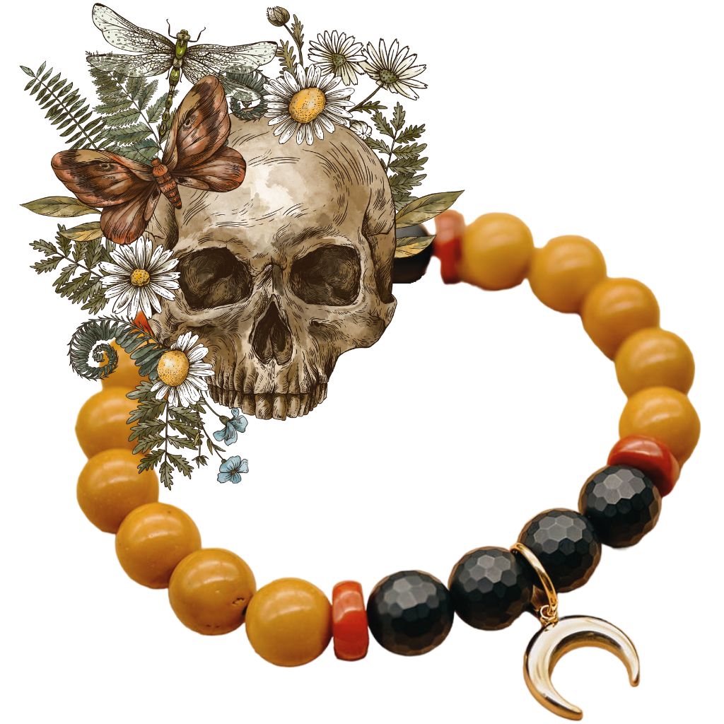 Image shows a necklace with black onyx and orange mookaite beads. Halloween inspired gemstone jewelry by Emerald Sun Creations