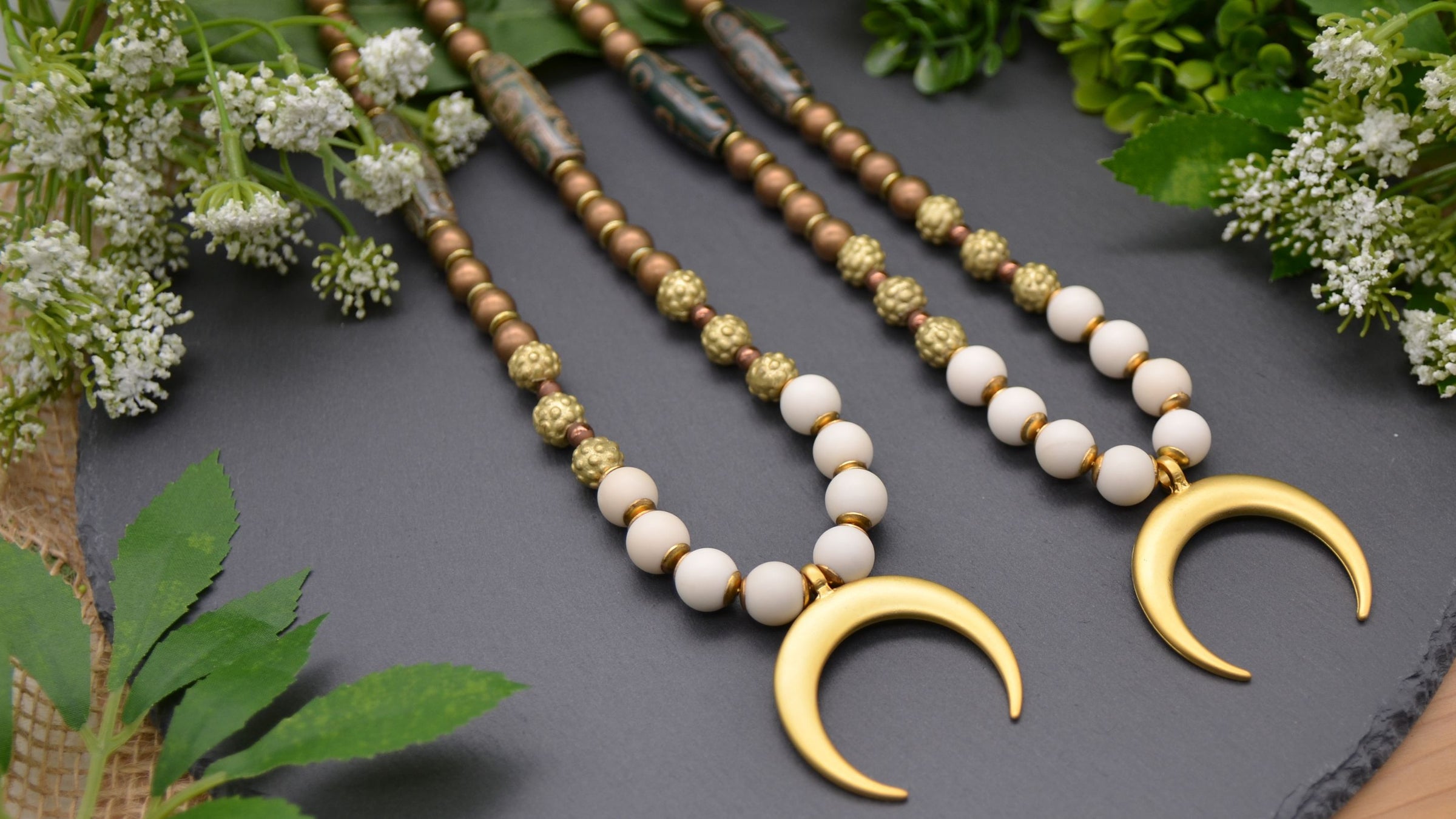 Mother’s Day Gift Ideas - Gemstone jewelry necklace with jade, agate, and hematite with crescent moon pendant | Emerald Sun Creations