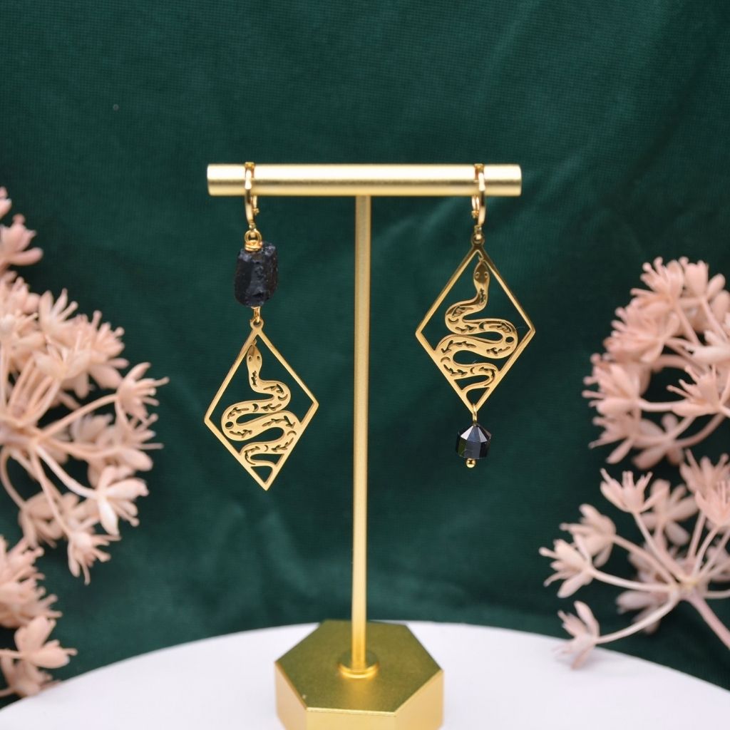 Resilience | Black Tourmaline Snake Earrings