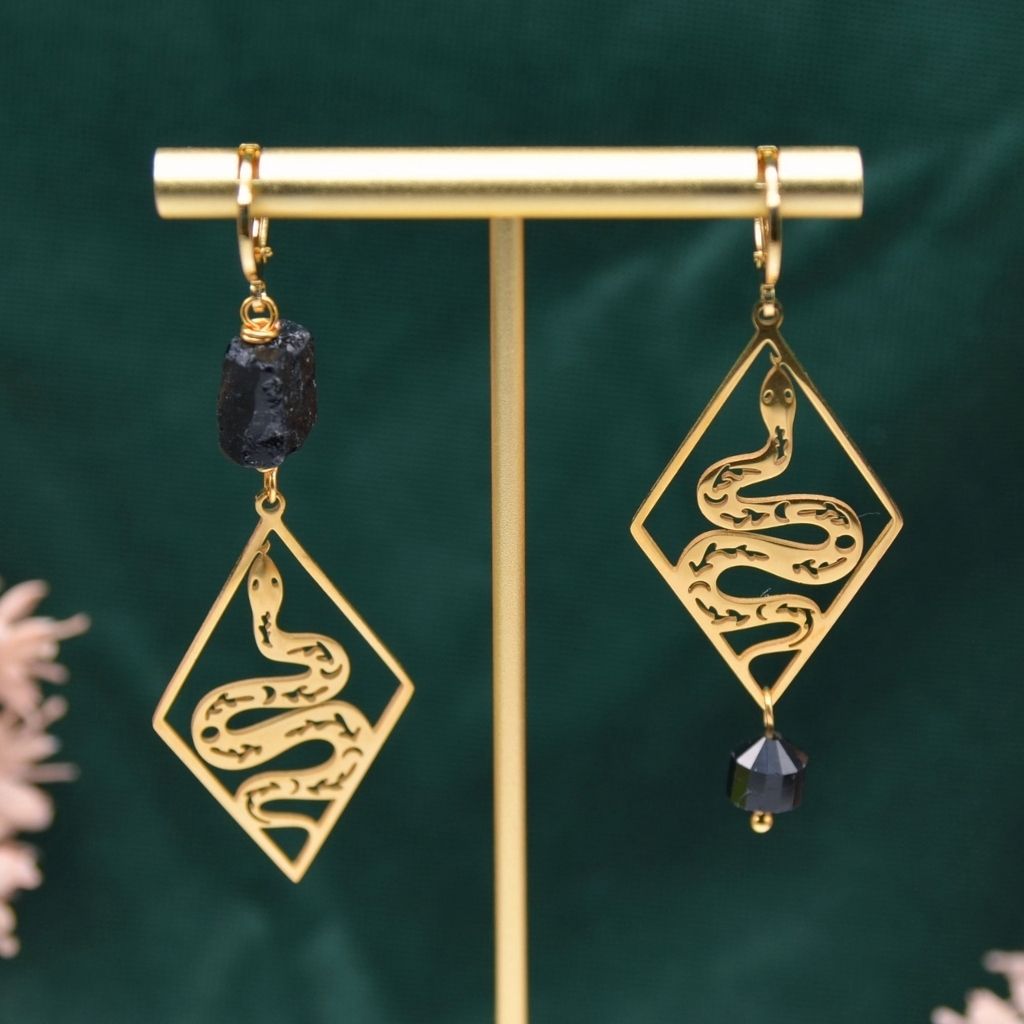Resilience | Black Tourmaline Snake Earrings