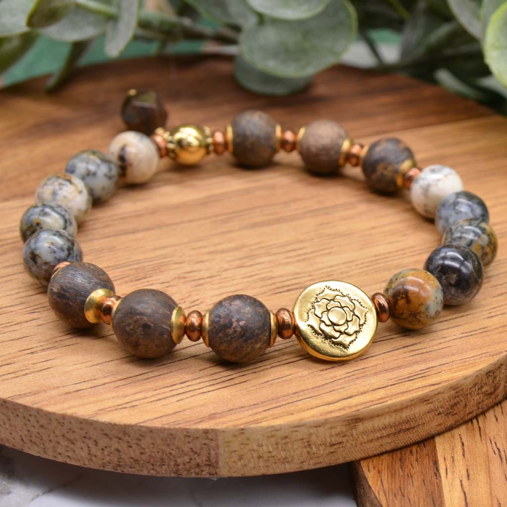 Lotus Jasper Black Marble Beads Gold Bracelets Stacks Handmade