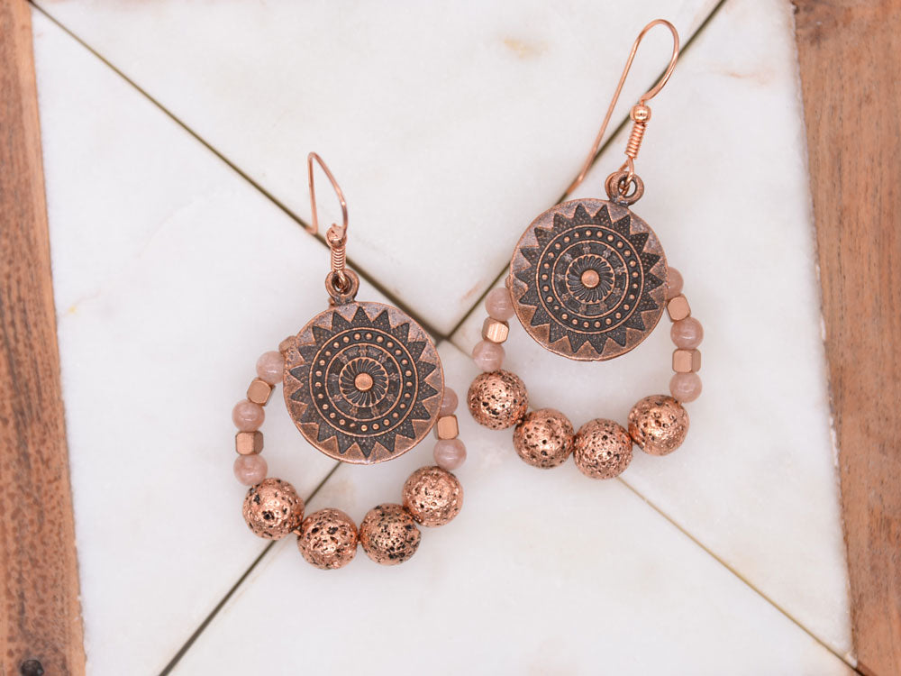 Lava Stone & Peach Quartz Sundial Earrings